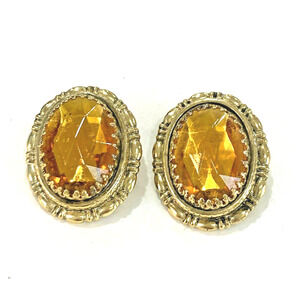 Vintage Whiting & Davis Clip On Earrings Gold Tone Ovals Faceted Topaz Glass